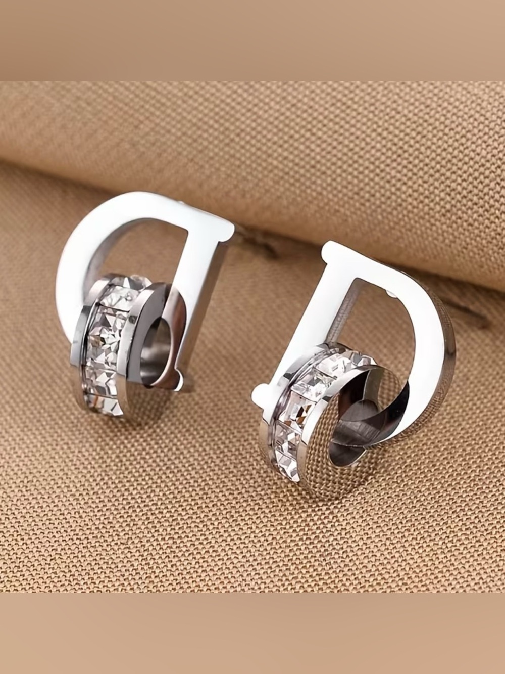 Silver Tone D Initial Crystal Hoop Stud Earrings Fashion Jewelry